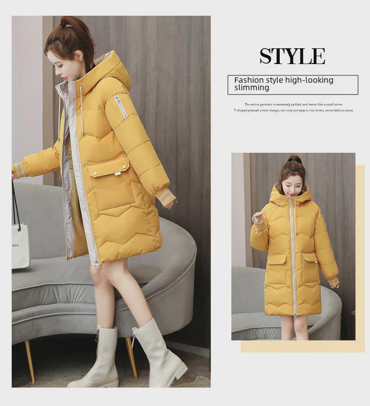 Women's Solid Color Korean Style Down Jacket - Medium To Long, Thickened, Loose Fit, Stand Collar, Cold-Proof, Large Size.