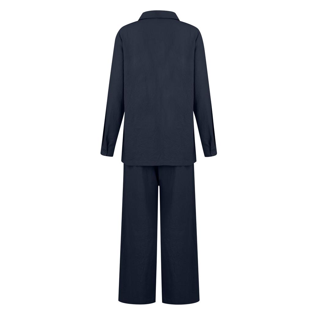 Dámský plátěný dvoudílný oblek plátěný kostým kalhoty a košile s dlouhým rukávem oversize ležérní kalhotový kostýmek plátěná halenka s výstřihem do V, volné plátěné kalhoty