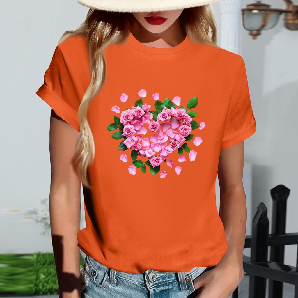 Women's Fashionable Round Neck Casual Retro Print Short Sleeved T-shirt Top