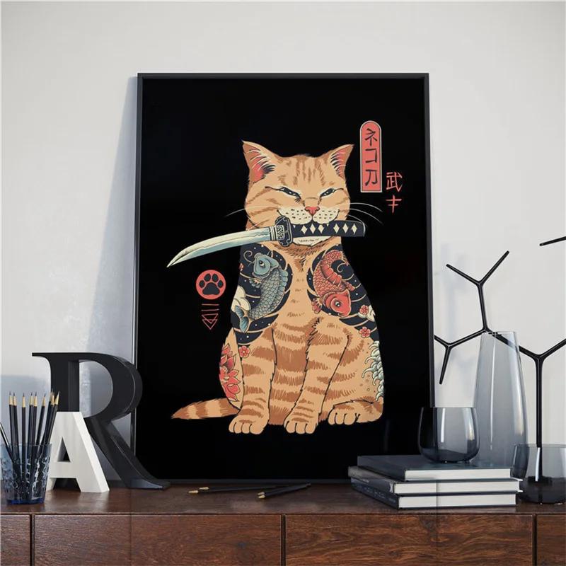Japanese Samurai Cat Posters and Prints Ramen Nostalgia Quality Cartoon Canvas Paintings Animal Wall Art Pictures for Home Decor