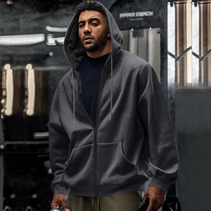 

Men’s Color Block Drawstring Hooded Cardigan - Heavyweight Plus Velvet for Autumn/Winter S темно-сірий