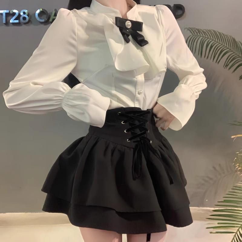High-Waisted Retro Black Balloon Skirt with Double-Layer Elegant Shirt