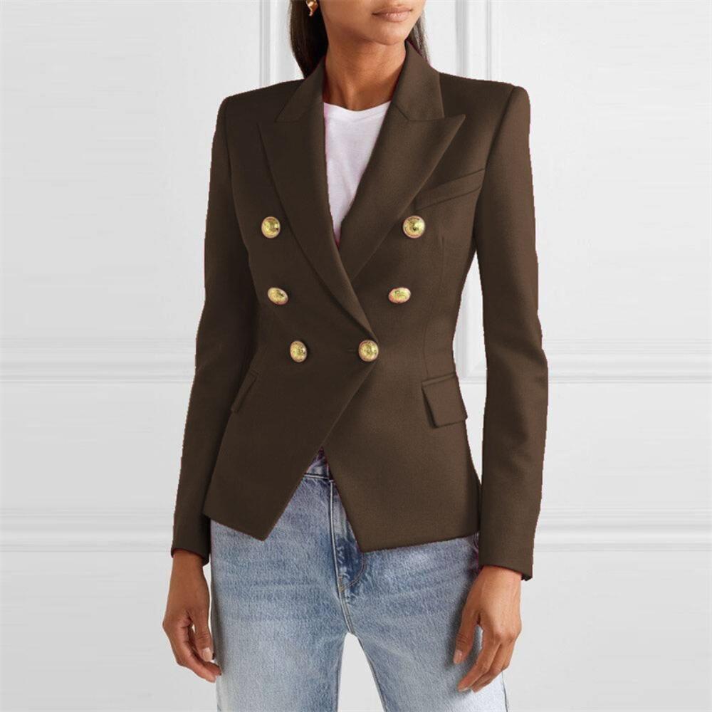 Women's Lapel Double Breasted Blazer Solid Color Long Sleeve Slim Fit Formal Business Short Suit Jacket