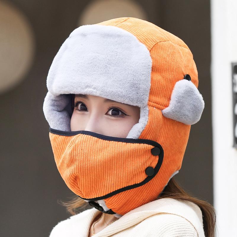 Female warm imitation rabbit fur corduroy with mask winter travel male cute velvet thickened cotton hat