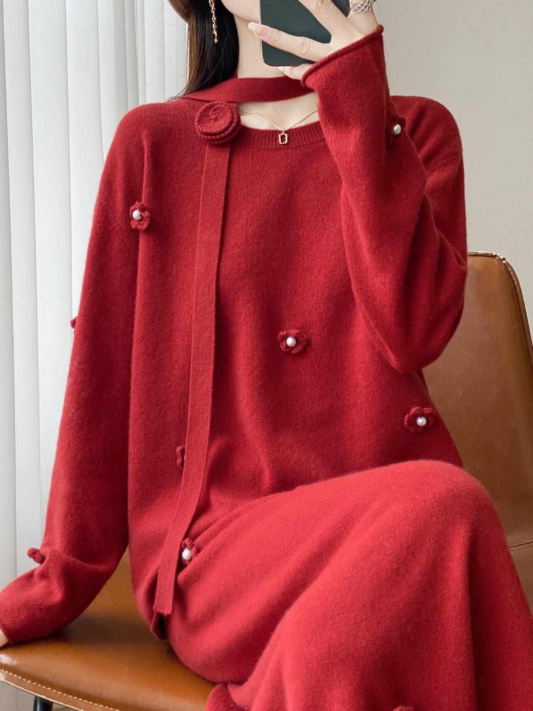 

Модный комплект Осень/Зима из чистой шерсти с юбкой с 3D цветочным дизайном M [80-110 cm]