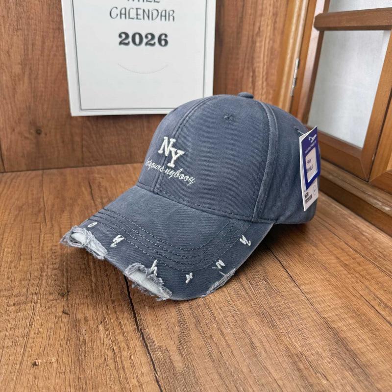 High cranial top plain baseball cap women washed old rough edge NY three-dimensional embroidery baseball cap versatile broken brim sun hat