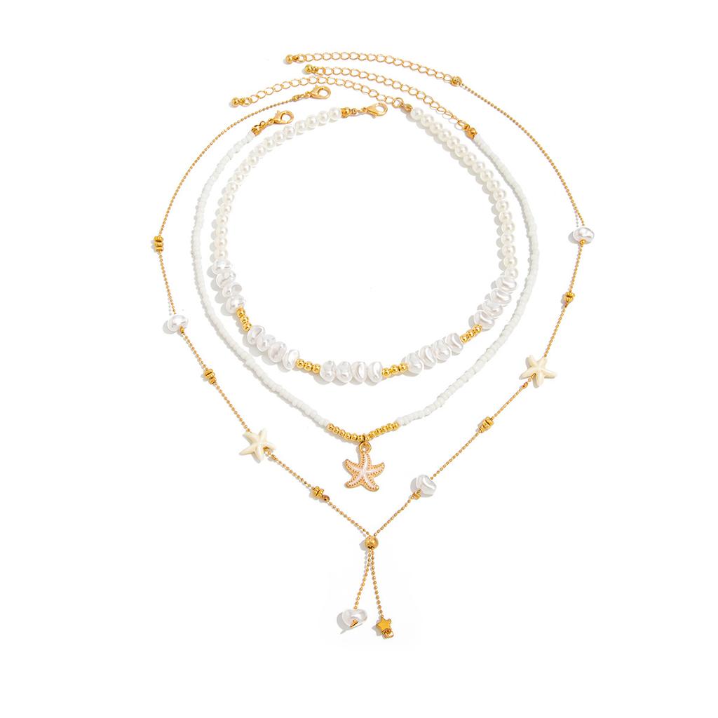 Ocean Wind Dripping Oil Starfish Conch Pendant Necklace, Temperament Baroque Imitation Pearl Collarbone Necklace