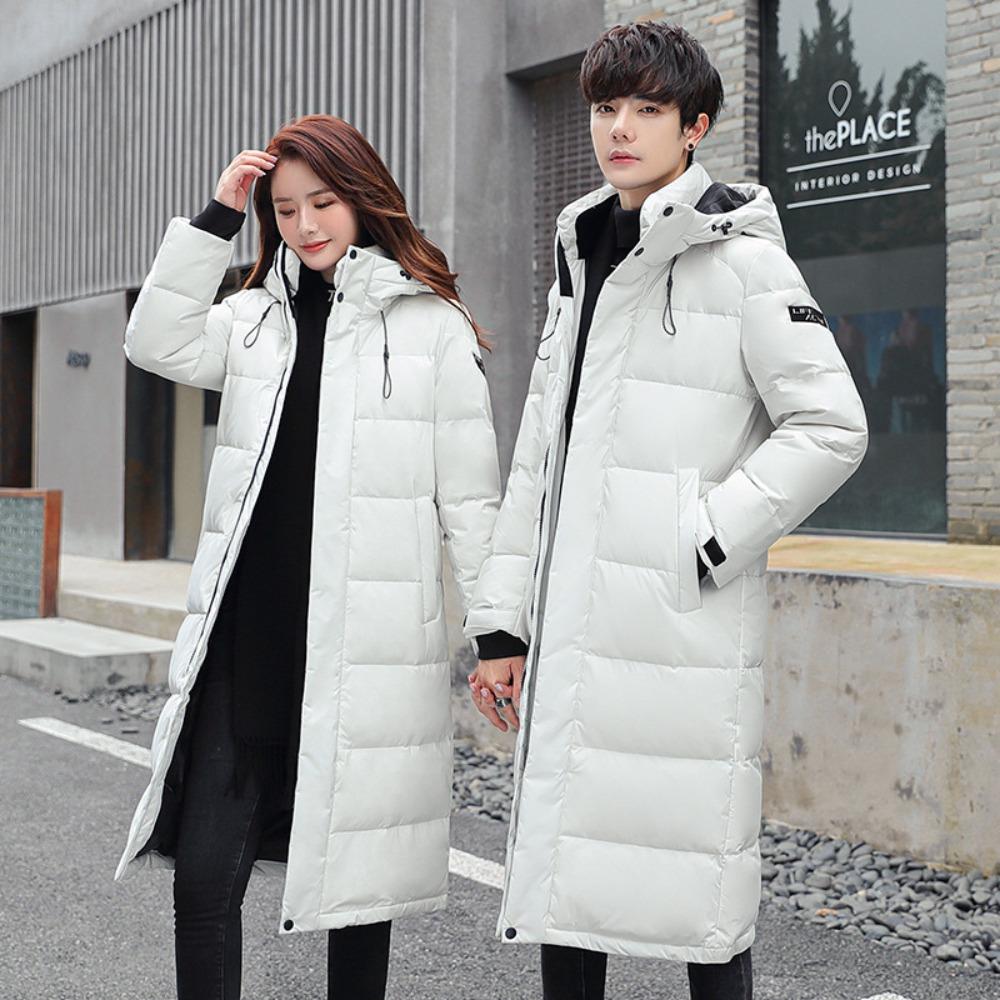 Winter couple down jacket thickened men's and women's down jacket long over knee hooded down jacket warm trendy jacket
