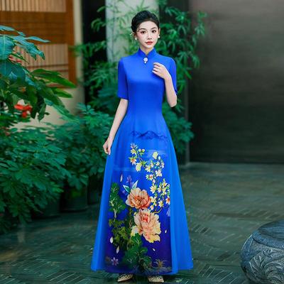 Vestido Cheongsam de Alta Costura Inspirado no Ao Dai Azul de Verão 2025 para Passarela e Trajes de Noite