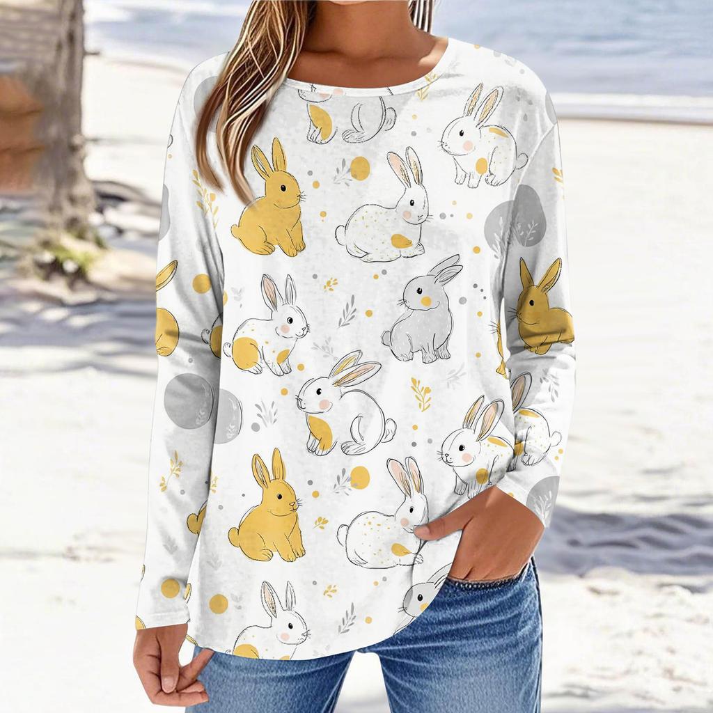 Top casual da donna a maniche lunghe con stampa pasquale e girocollo