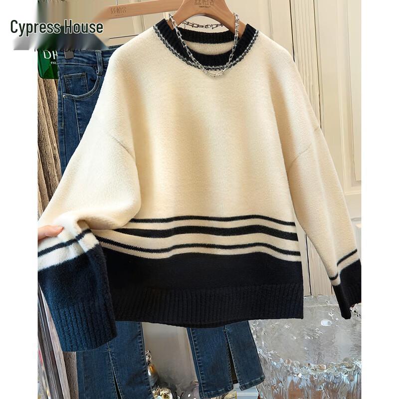 

Women s Round Neck Color-block Striped Loose Knit Sweater XL