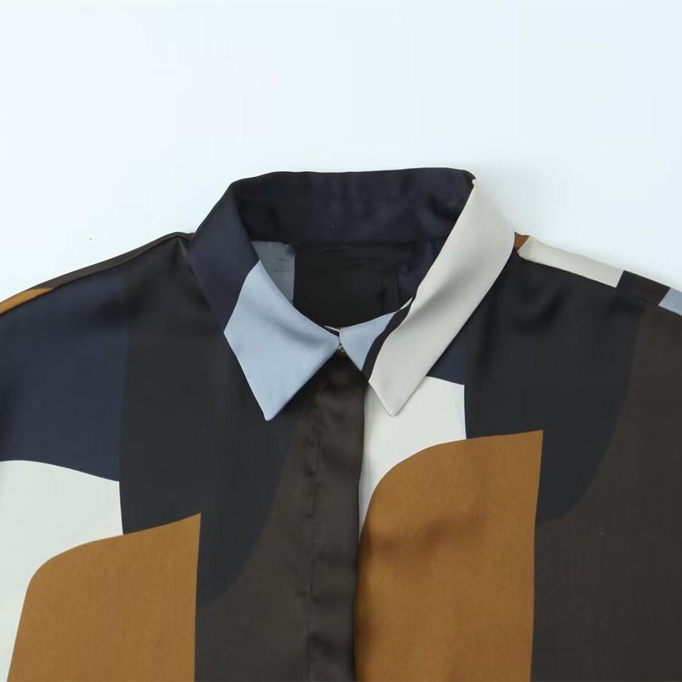2025 Spring Women's Silk Satin Printed Lapel Shirt - Versatile, Simple, and Elegant
