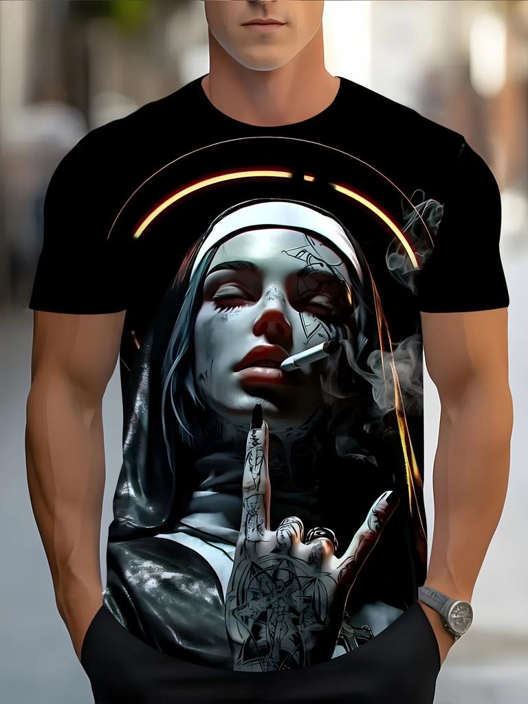Men's  with Smoking Nun 3D Graphic T-Shirt Black Casual Summer Tee Short Sleeves Polyester  Streetwear T-Shirts Vintage Clothing