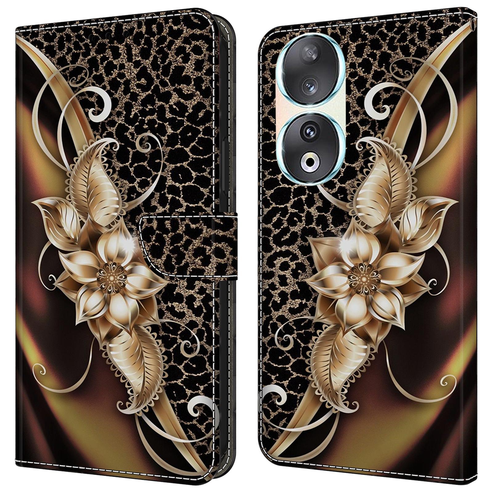 

For Honor 90 Phone Case Pattern Print Magnetic Clasp Scratch-resistant Leather Cover Metal Flower