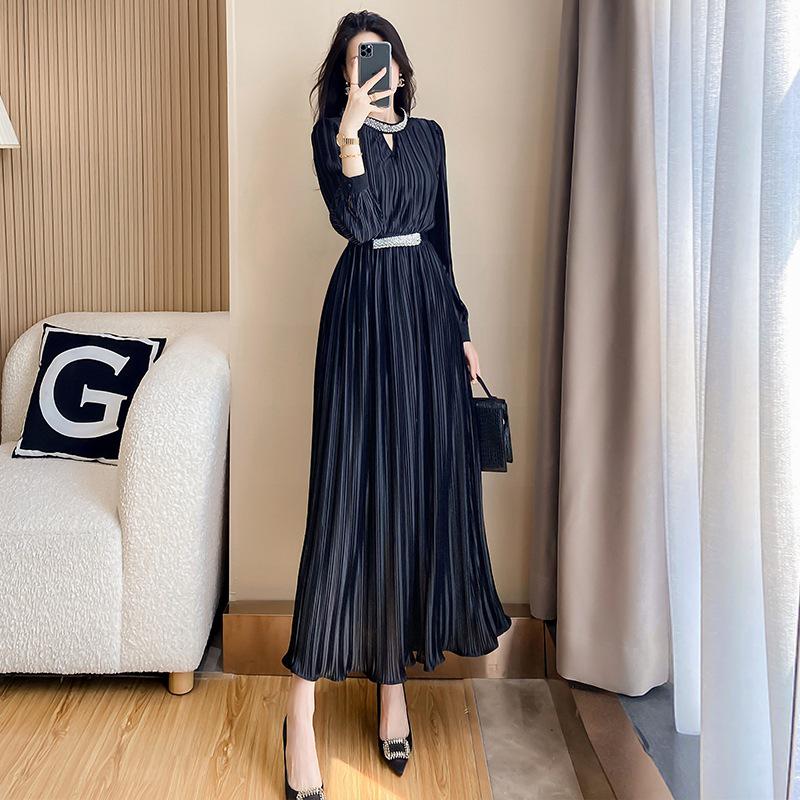 Damen 2024 Schwarzes Langarm-Frühlingskleid im französischen Stil