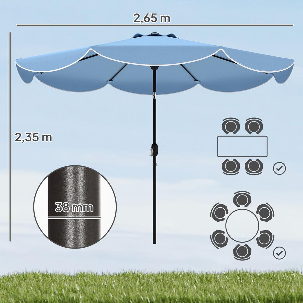 Parasol Round Balcony Umbrella Beach Umbrella with 3-way Tilt Crank 8 Ribs Diameter 265 X 235H Cm Sky Blue