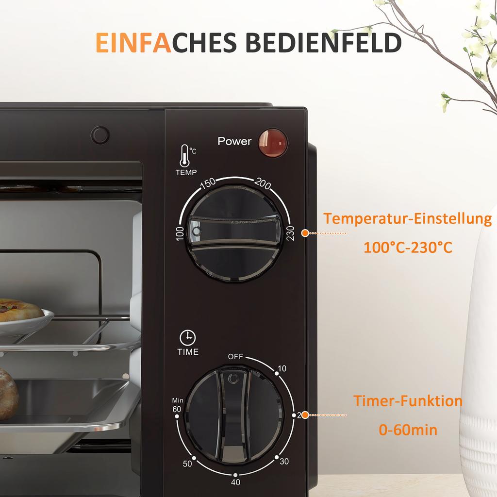 Mini Oven, 9 Liter Capacity, Adjustable Temperature and Cooking Time, with Grill Rack and Baking Tray, Black