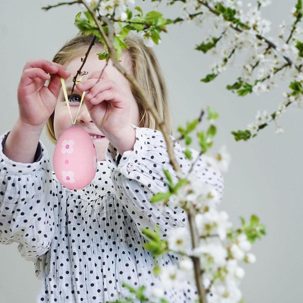 3D-Ostereier zum Aufhängen, 12 Stück, bunt, handbemalt, mit Blumenmuster, Plastikeier, DIY-Bastelornamente, gestreifte Blumen mit Punkten