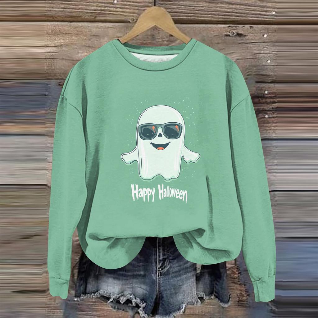 Moda feminina manga comprida estampa de Halloween gola redonda suéter top