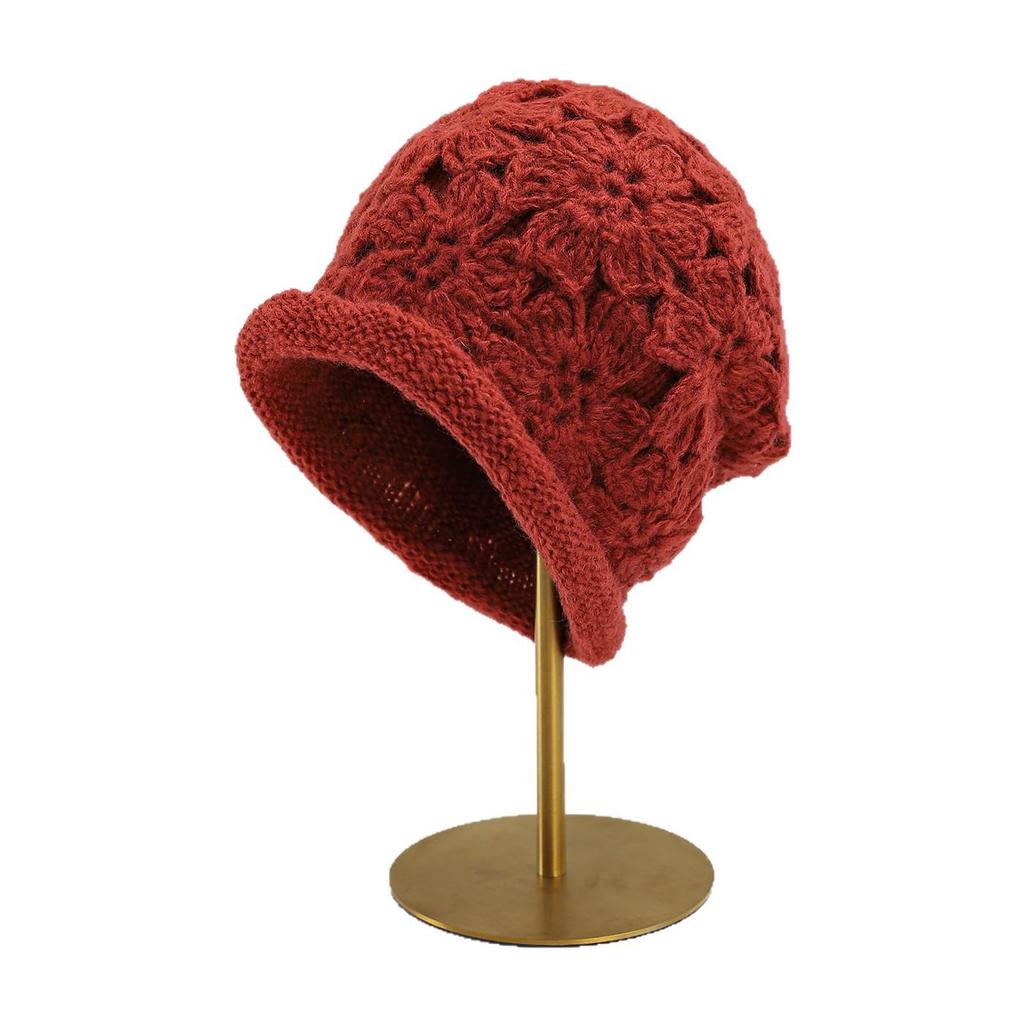 Handmade Double-Layer Crochet Wool Beanie with Roll-Up Brim for Women