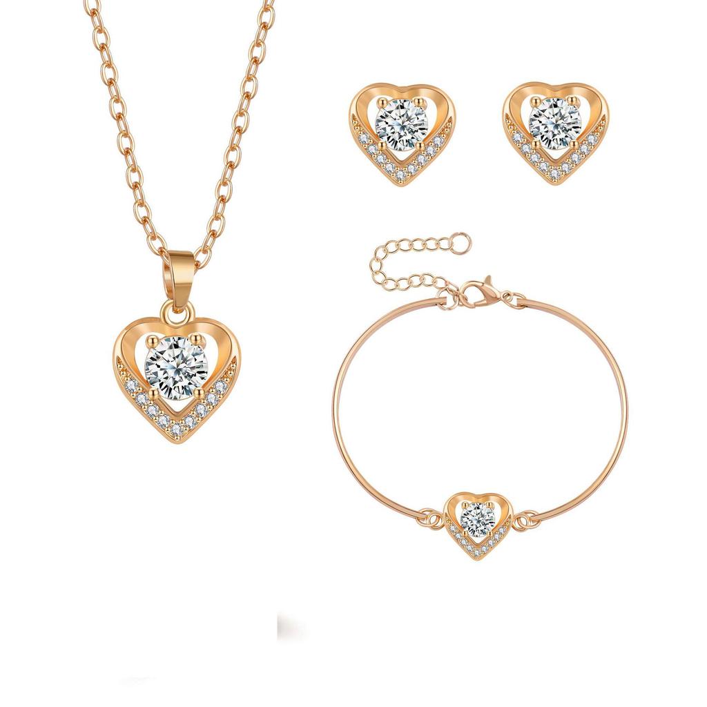 Europäischer und Amerikanischer Stil Vergoldetes Pfirsichherz Schmuckset: Kupfer-Mikro-Inlay Zirkon Ohrringe, Halskette und Ring.