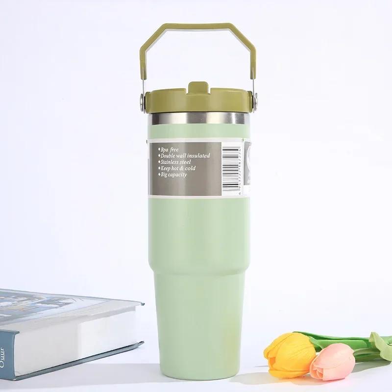 30oz Large Capacity Portable Car Cup Stainless Steel Thermos Cup with Straw & Handle Travel Sports Water Bottle Vacuum Flask