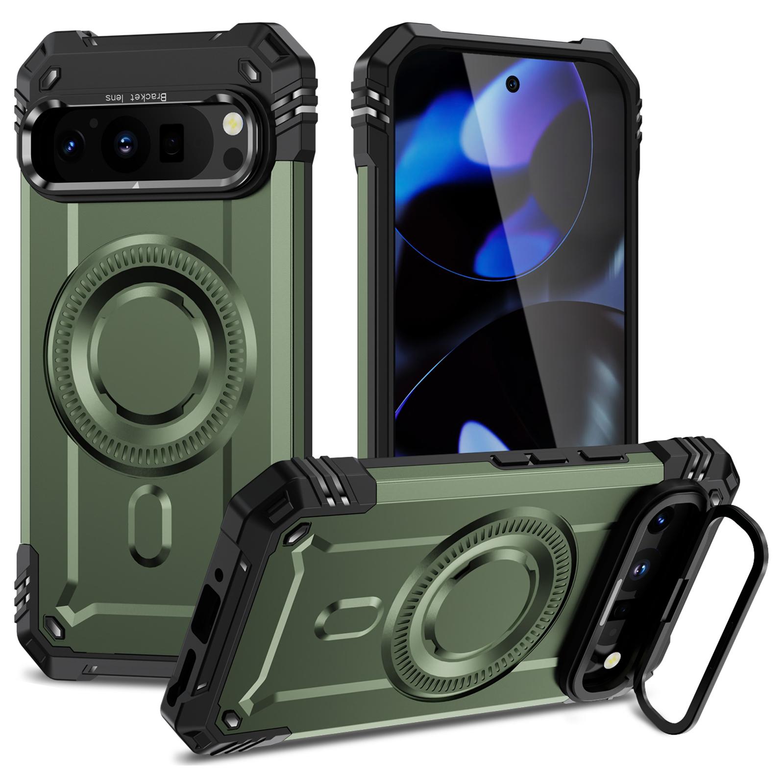 

For Google Pixel 9/9 Pro Case Compatible with MagSafe Metal Lens Frame Kickstand PC+TPU Mobile Cover Army Green
