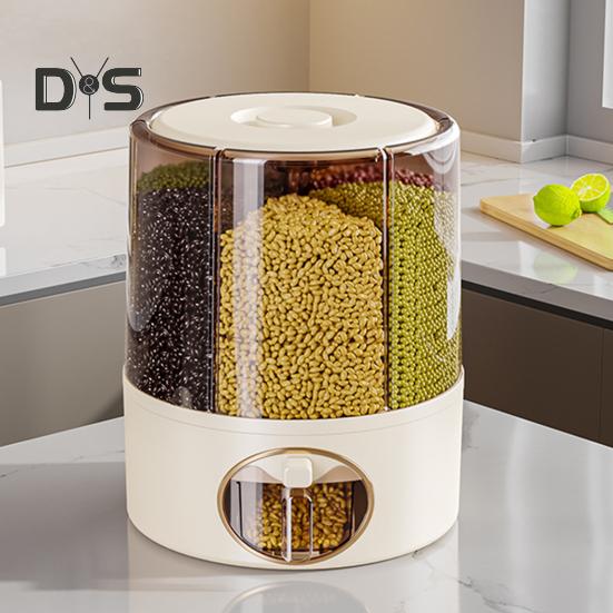 Sealed Dry Grain Bucket Dispenser Large Capacity 6 Compartments Transparent 360-Degree Rotatable Rice Dispenser Grain Bucket