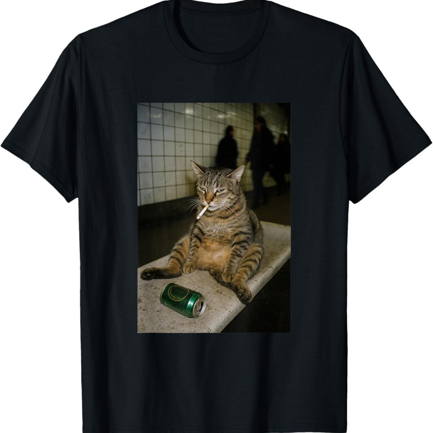 Cat Meme Smoking Cigarette a Funny Kitten with Beer Can T-Shirt S чёрный