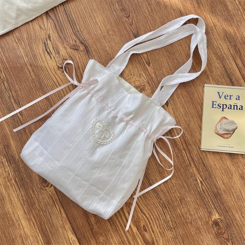 3 Girls Heart Bow Shoulder Bag Drawstring Bundle Canvas Bag Fresh Handbag Women's Shopping Bag