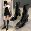Kendall's Versatile Patent Leather Ankle Boots - Women's Chunky High Heels, 2025 New European/American Mid-Calf Martin Boots for Autumn/Winter