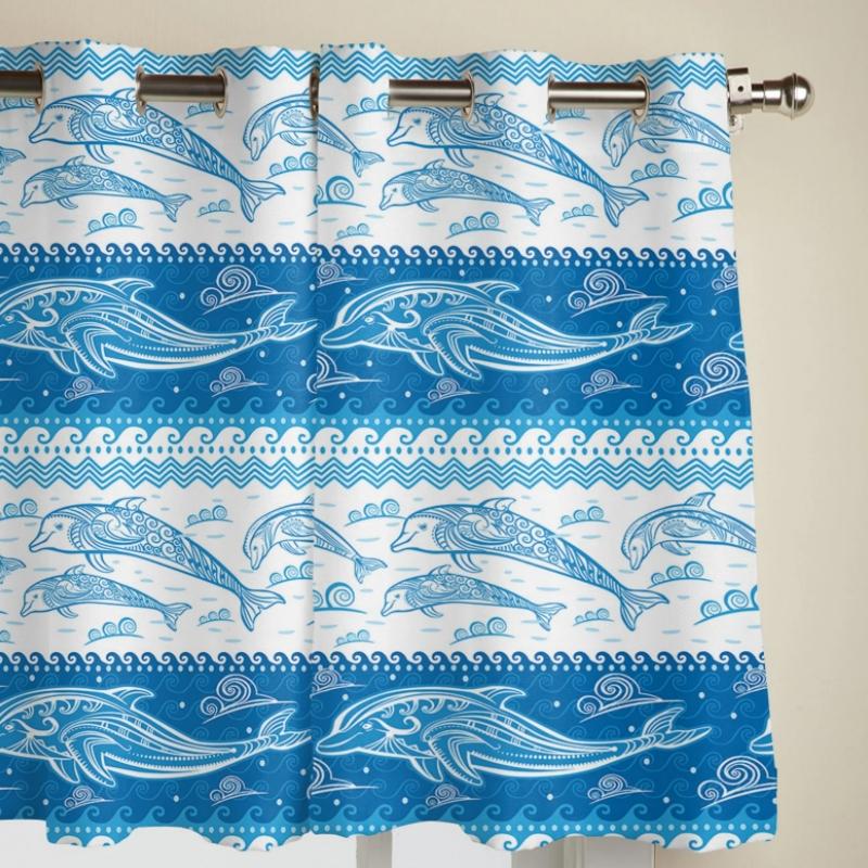 Dolphin Wave Summer Heavy Fabric Clackout Curtains Modern Living Area Room Bedroom High Shading Drape New Design Style Blue Theme Window Drape