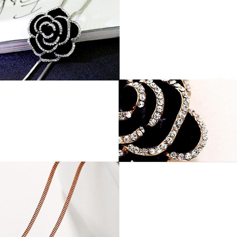 Black Rose Flower Long Necklace Sweater Chain Metal  Pendant Necklaces Adjusted