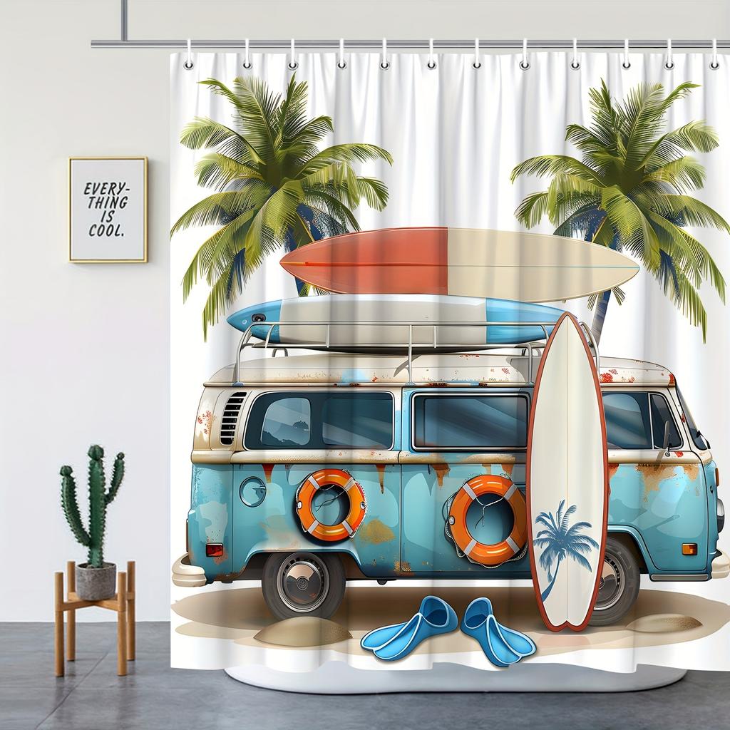 1pc Cartoon Surf Van Shower Curtain - Summer Ocean Theme, Palm Tree Scenery, Polyester,  Hooks Included, All-Season Decor