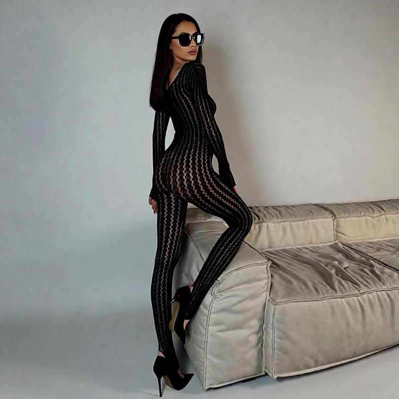 Black Jumpsuit for Women Mesh Lace Long Sleeve See Through Jumpsuits Sexy Rave Oufits Clubwear 2026 Summer See Through Rompers Overalls