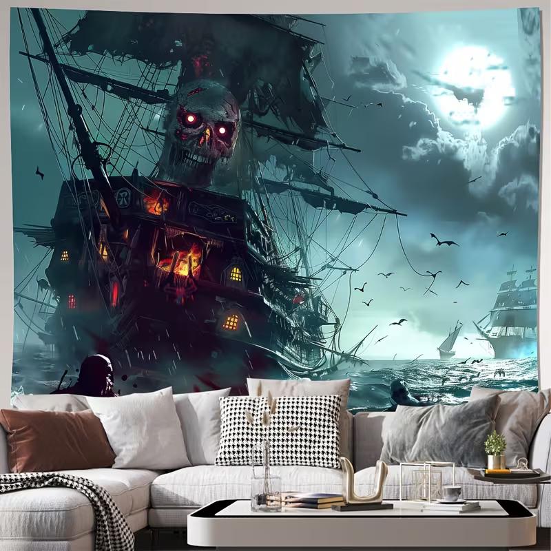 

2D Ghost Pirate Ship with Glowing Eyes Tapestry Eerie Night Sea Fantasy Wall Decor Cloth for Home & Bedroom 47.2x31.5inch/120*80cm