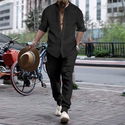 Ensemble deux pièces décontracté pour homme, haut à manches longues et pantalon à rayures, couleur unie, col montant, printemps et automne
