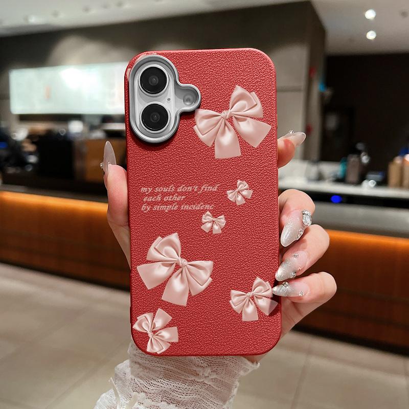 Solid Color Bowknot Patterned Leather Texture Phone Case for iPhone 16 Pro 15 14 Plus 13 12 Pro Max 11 Shockproof Matte Soft Tpu Slim Case Cover