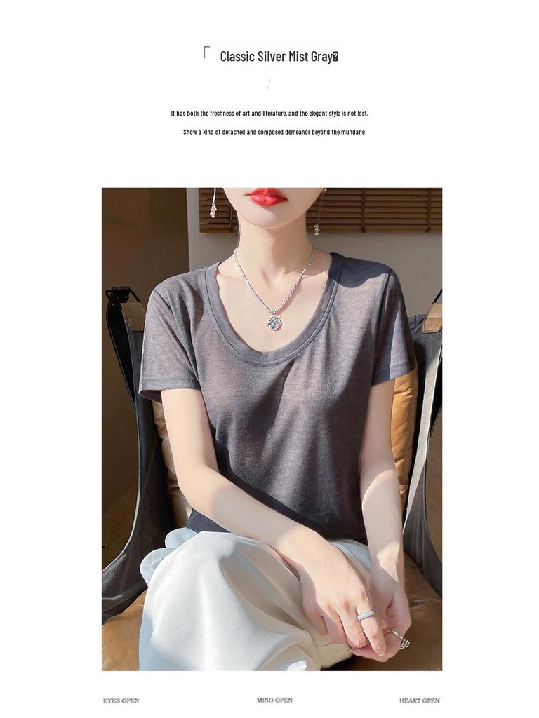 Camiseta Regata Feminina Slim de Manga Curta com Decote U Verão 2025
