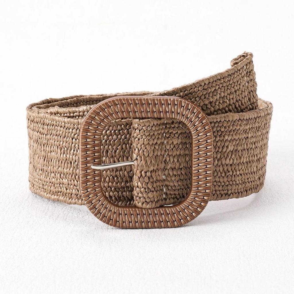 Square Buckle Straw Braid Waist Belt: Natural Pastoral Style, Popular In Europe and America