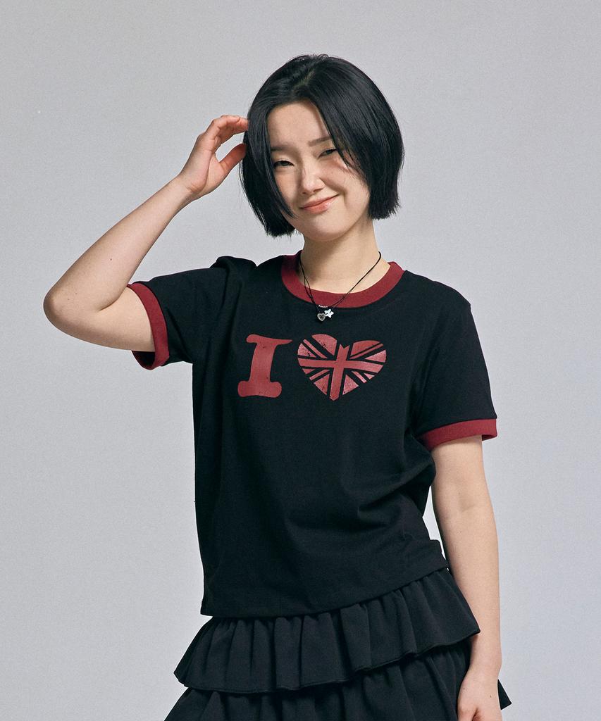 AWESOME STUDIO Heart Ringer Color Block Short Sleeve T-Shirt Black