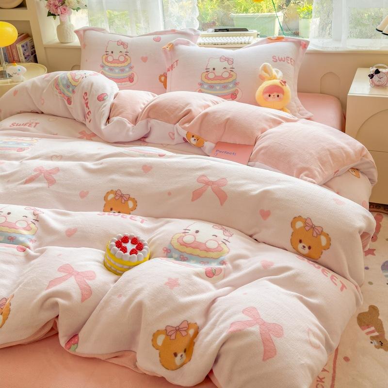 Thickened Milk Fleece Four-Piece Set, Coral Flange Double-Sided Fleece Quilt Cover, Bed Sheet, Bed Hat Three-Piece Set