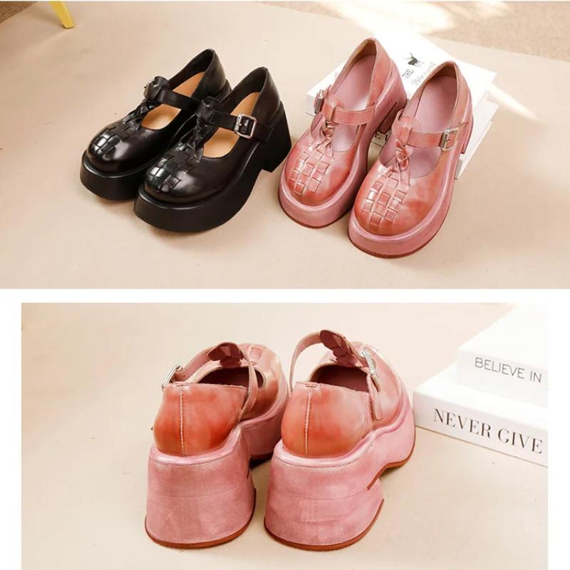 Johnature Escarpins Haut de Gamme en Cuir de Vache à Boucle en T Peu Profonde Rétro Semelle Épaisse Fait Main Chaussures à Plateforme pour Femmes