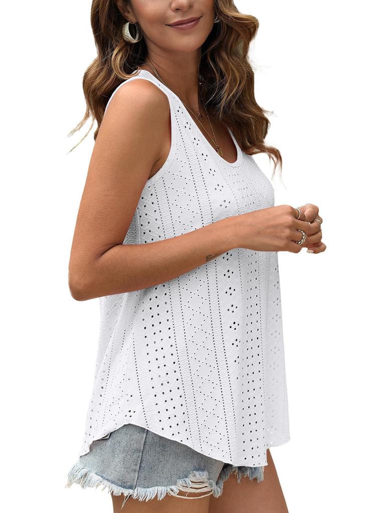 European & American Women's Summer Crew Neck Eyelet Sleeveless Tank Top T-Shirt