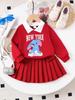 INS New European & American Kids' White Collar Red Hoodie & Pleated Skirt Set