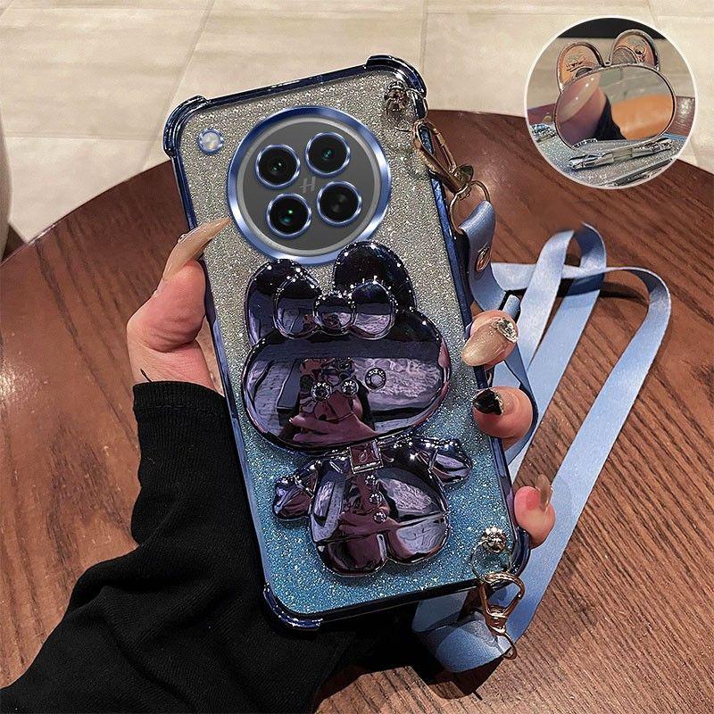 Crossbody Lanyard Shockproof Plating Case For Huawei Nova 13 Pro 12 12S 11 10 9 8 7 6 5 Pro Mirror Rabbit Stand Silicone Cover