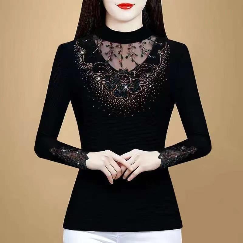 

Lace bottoming shirt women s autumn and winter high-end fashionable new shirt mesh black inner temperament top M чёрный