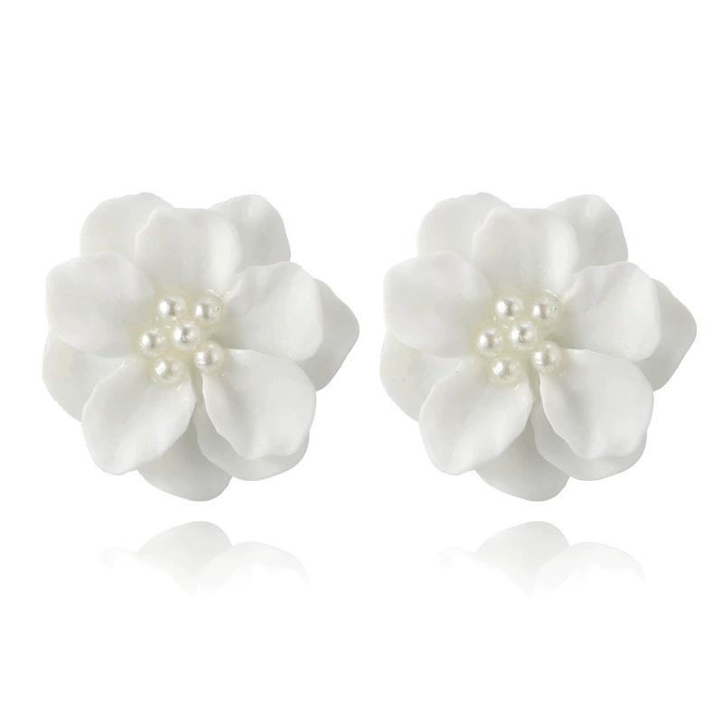 Double Layer Petal Imitation Pearl Flower Stud Earrings for Women Wedding Party White Pink Yellow Acrylic Ear Jewelry