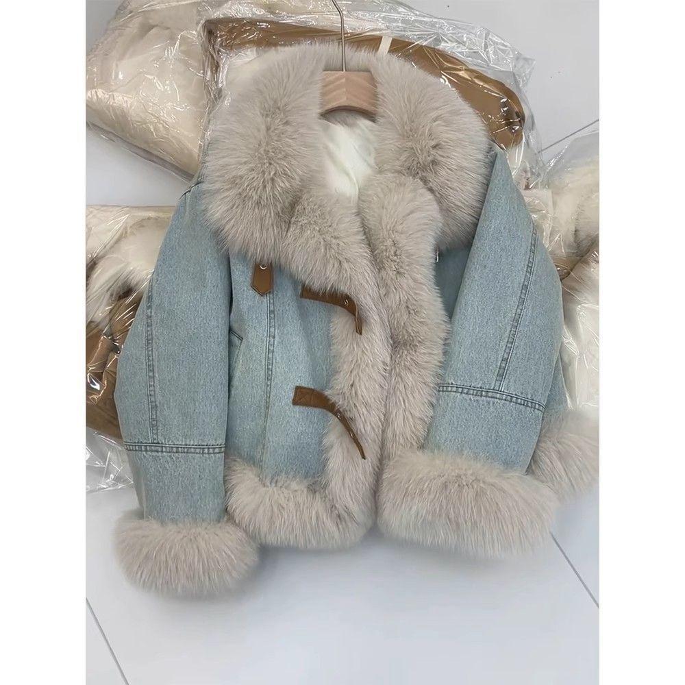 Women's Fur Collar Denim Jackets Warm Long Sleeved Plush Blue Coat Autumn Winter Retro Faux Fur Loose Thick Overcoat
