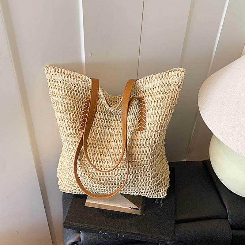 Women Top-Handle Bags Straw Summer Beach Straw Bucket Bag Woven Tote Purse Casual Travel Handbags for Women